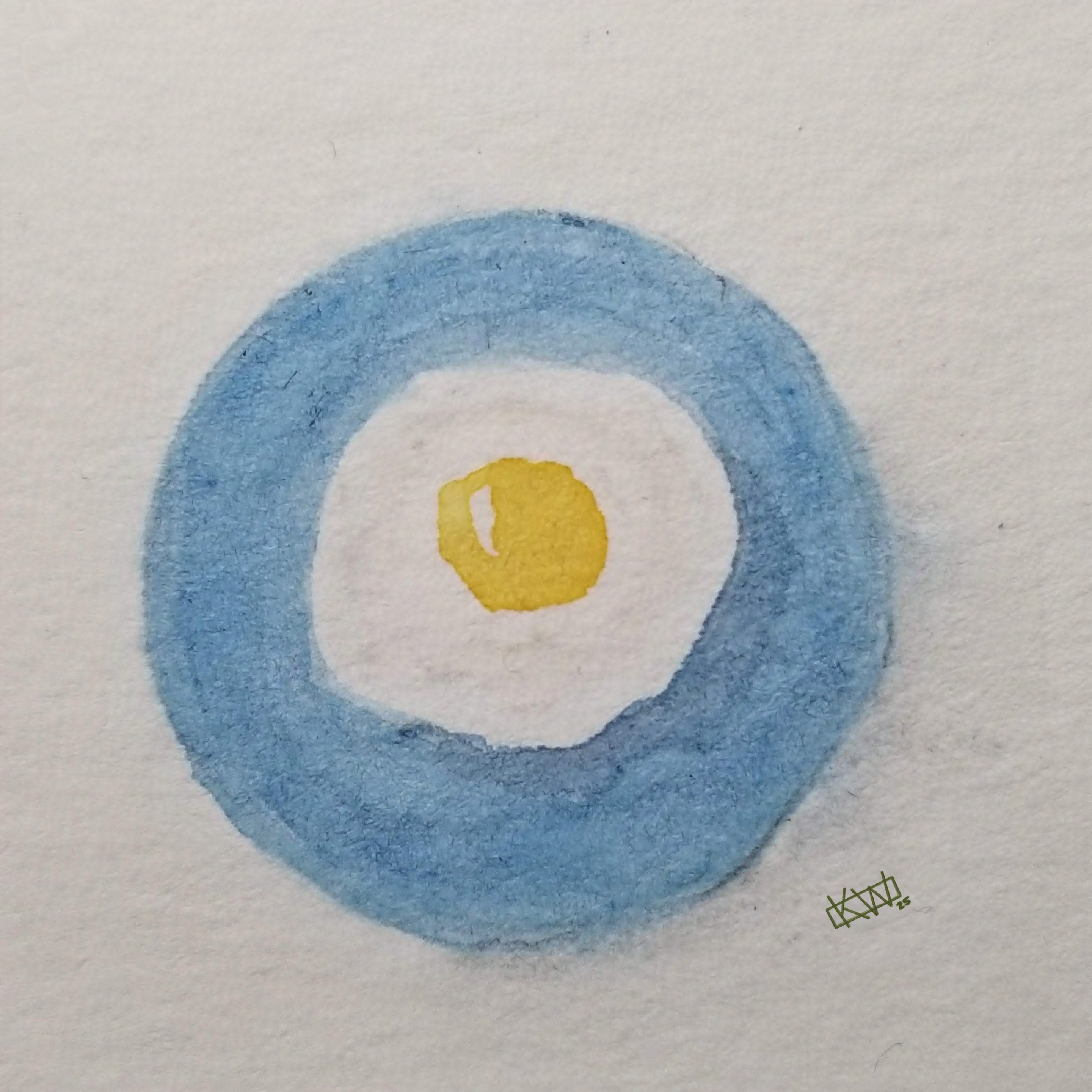 Watercolor top down view of a fried egg on a blue plate.