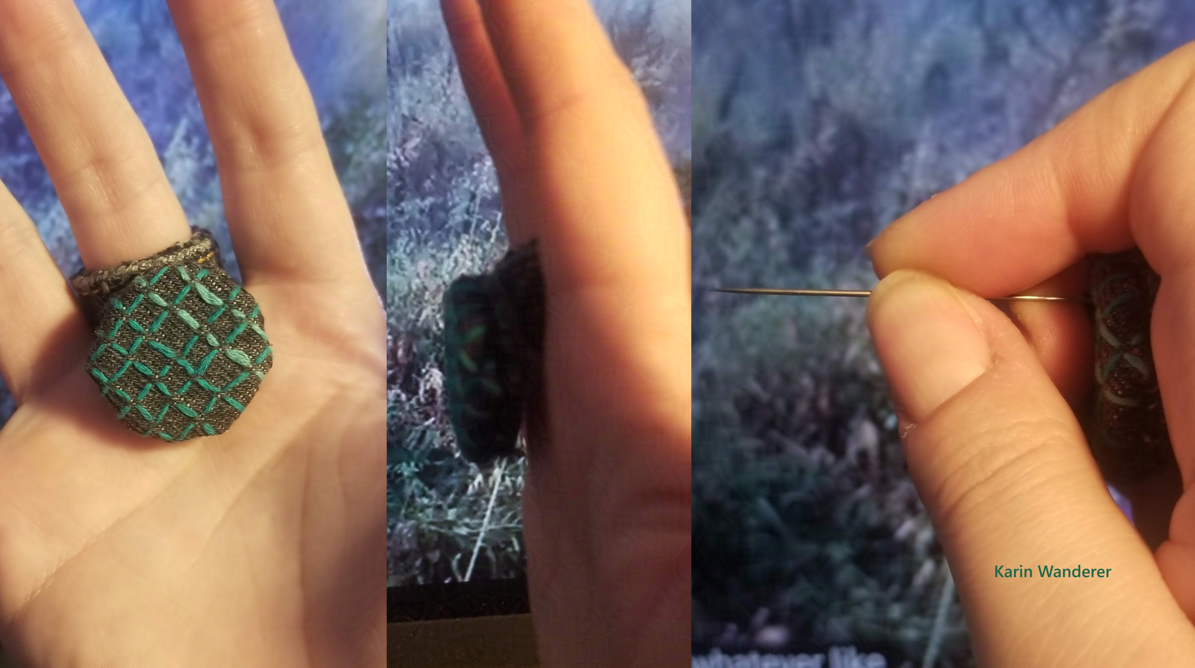 3 close-up photos of a hand. 1 & 2 show the circular palm thimble being worn on the middle finger in front & side view. 3 shows how the needle is pinched between thumb and fingers, with the base rested securely against the palm thimble.