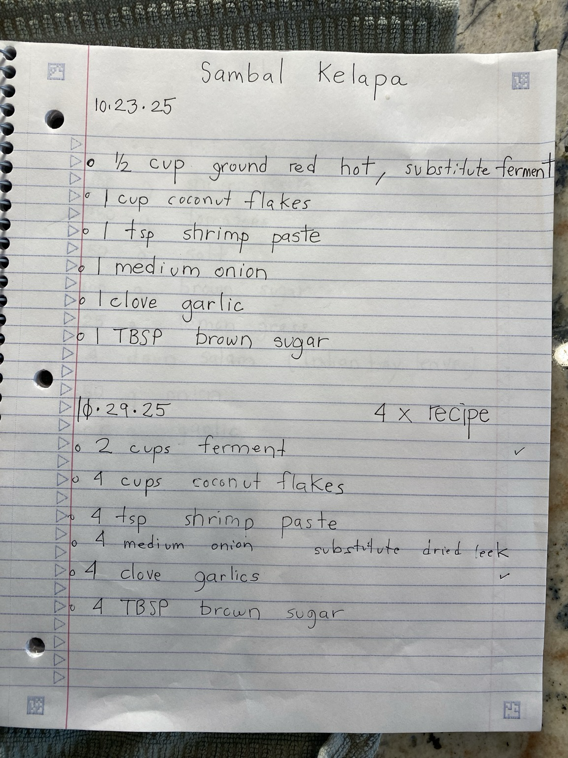 The ingredients written on the lined paper include red hot pepper paste, coconut flakes, shrimp paste, onion, garlic, and brown sugar
