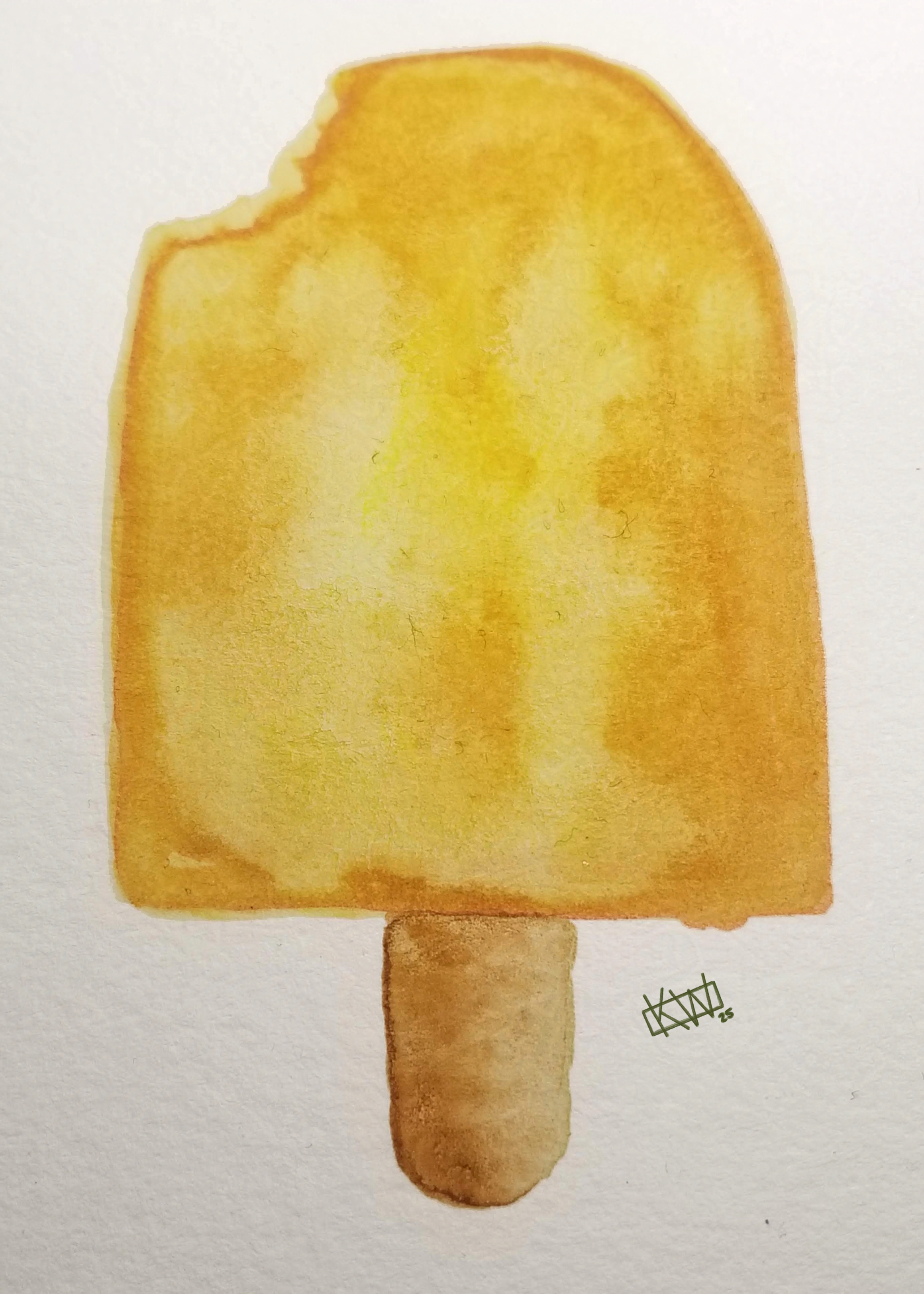 Watercolor yellow-orange ice pop with a bite taken out of it.
